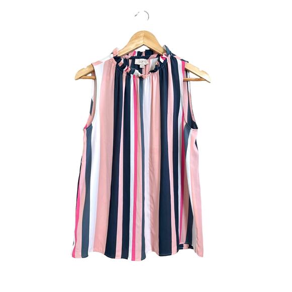 LOFT Women’s Blue Pink Stripe Sleeveless Ruffle High Neck Blouse Size Small - Picture 1 of 9